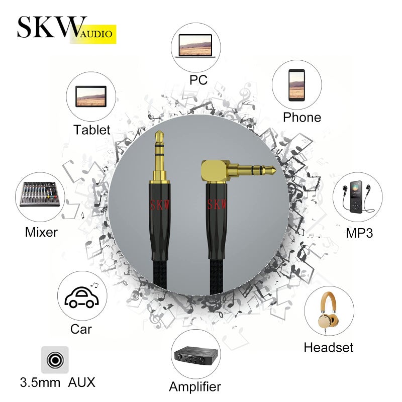 SKW Aux Cable for Car(Hi-Fi Sound),3.5 mm Stereo Audio Cable, 1/8â€³ 90 Degree Headphone Jack Cord for Home Stereo, iPhone, iPod, IPad, Echo Dot, Sony & More 3.2ft(1m) - Image 3